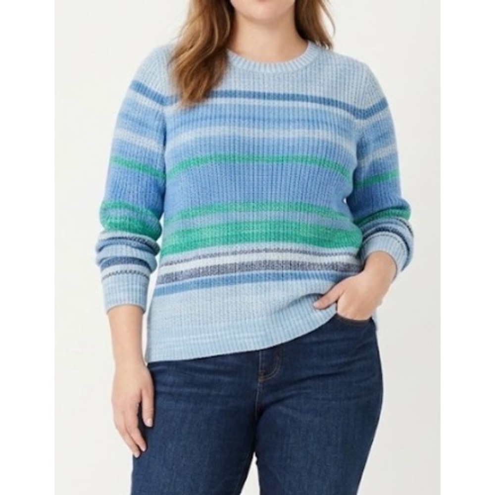LOFT Sweater XL Blue Green Striped Crewneck Knit Long Sleeve Pullover